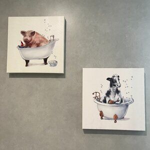 Cow & Pig in Bathtub Canvas Wall Decor Farmhouse Bathroom